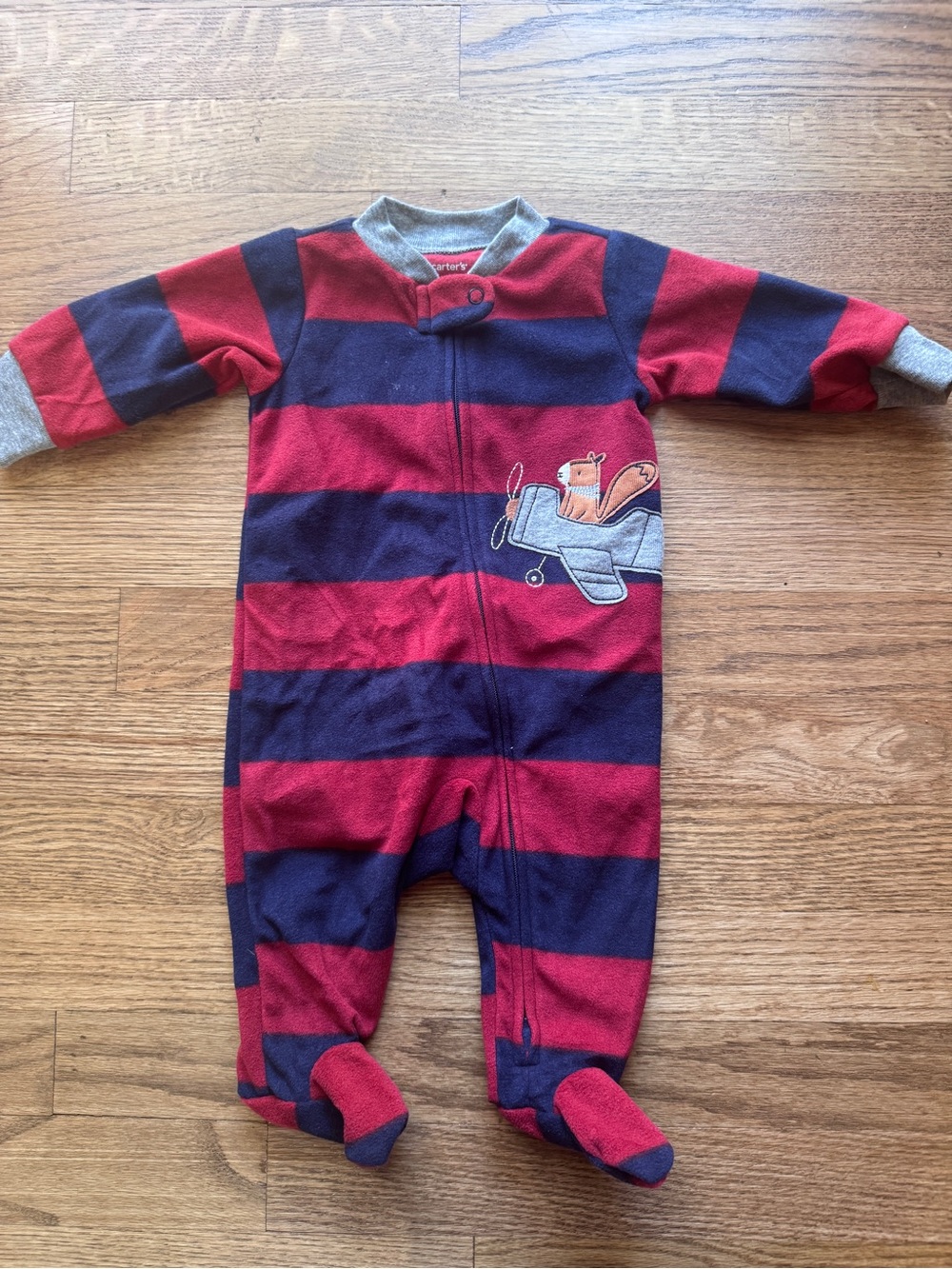 Carter's Red and Navy Striped Fleece Footed One-Piece with Airplane Patch